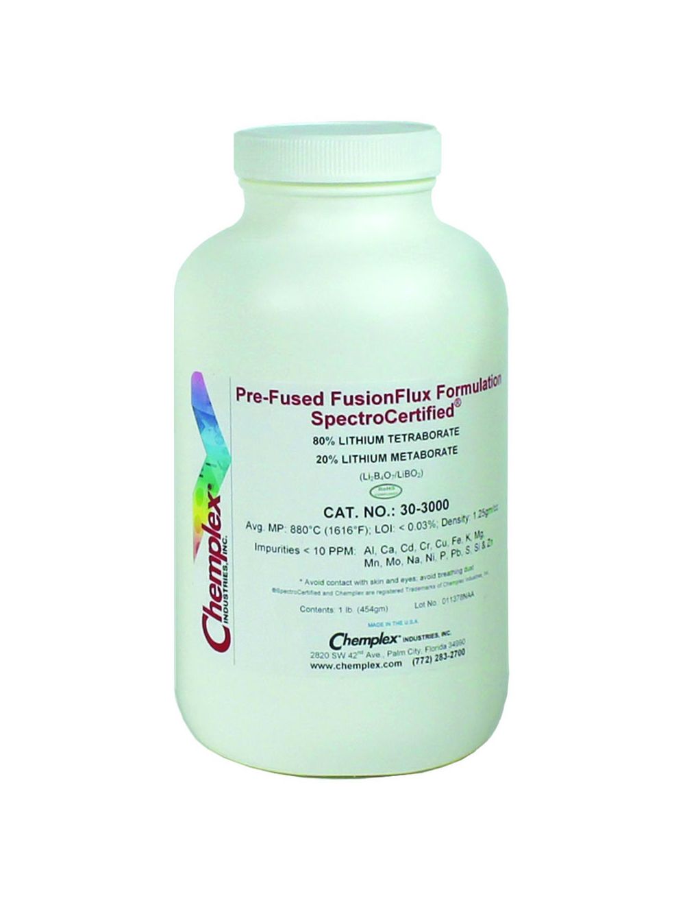 80% Lithium Tetraborate and 20% Lithium Metaborate Chemplex SpectroCertified Pre-Fused FusionFlux 30-3000 Formulation 